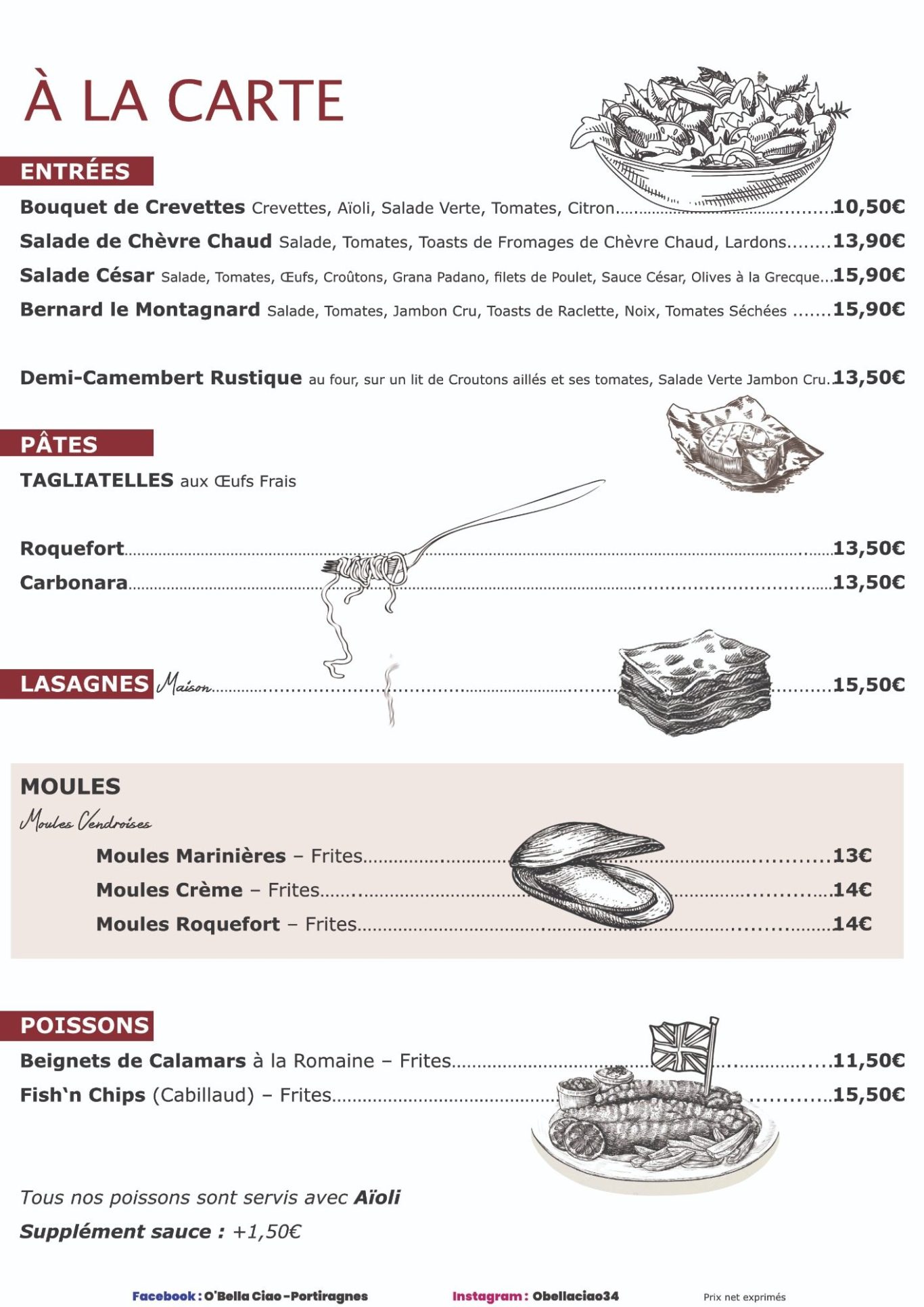 À la Carte, Pâtes, Lasagne, Moules, Poissons