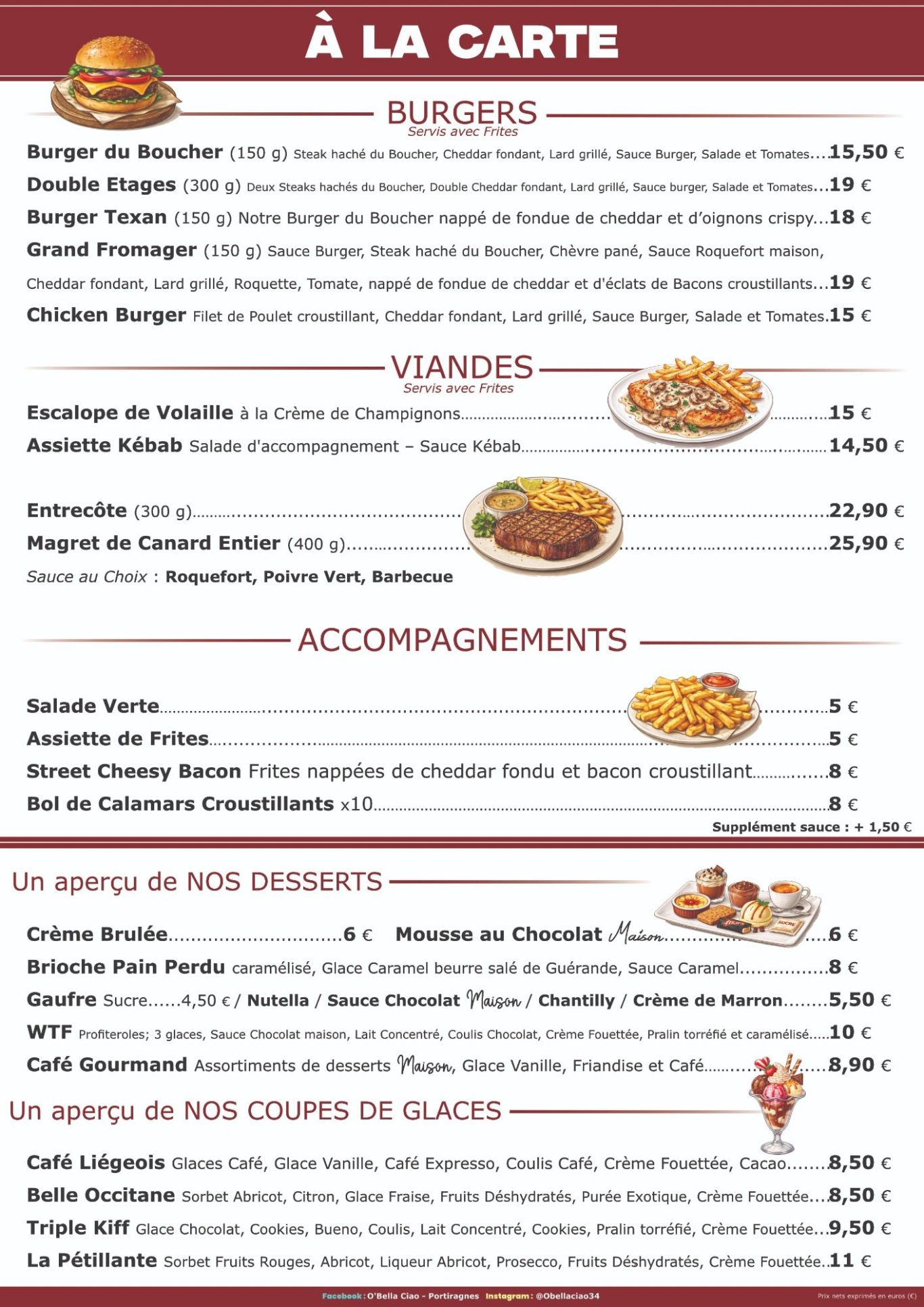 À la Carte : Burgers, Viandes, Accompagnements, Desserts