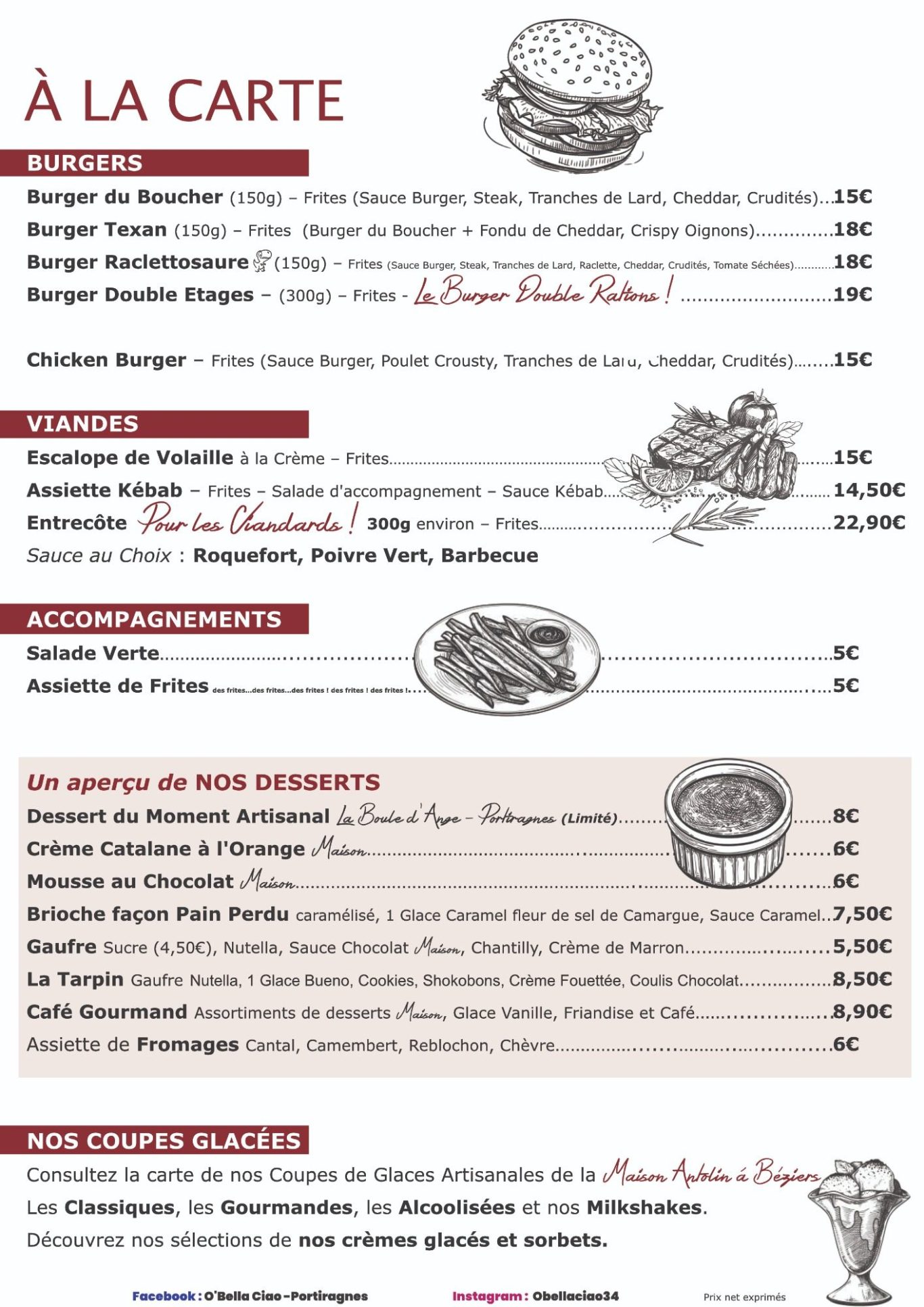 À la Carte : Burgers, Viandes, Accompagnements, Desserts