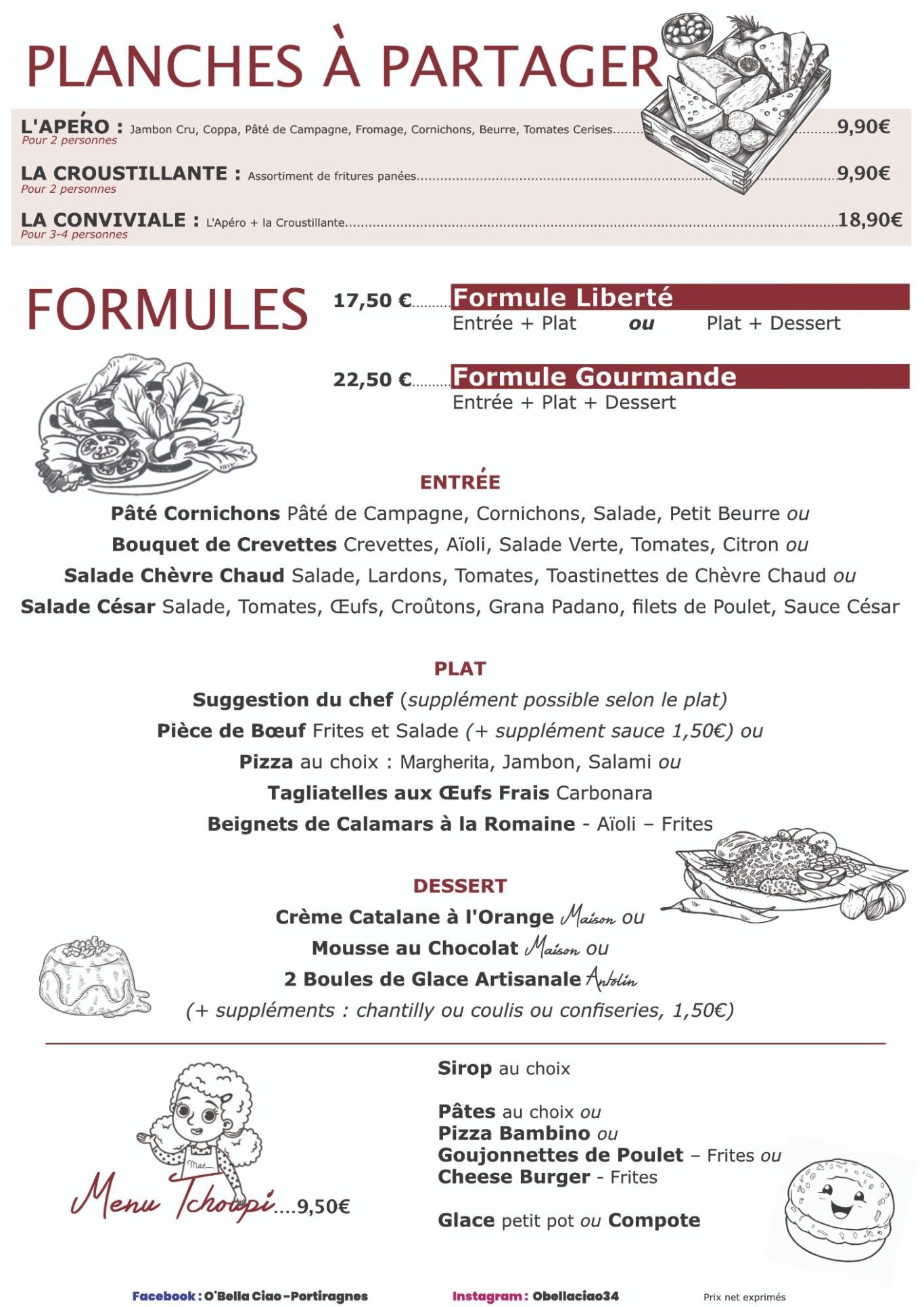 Nos Formules (Formule Liberté et Formule Gourmande). Planches à Partager (L'Apéro, La Croustillante et la Conviviale). Menu Enfant Tchoupi