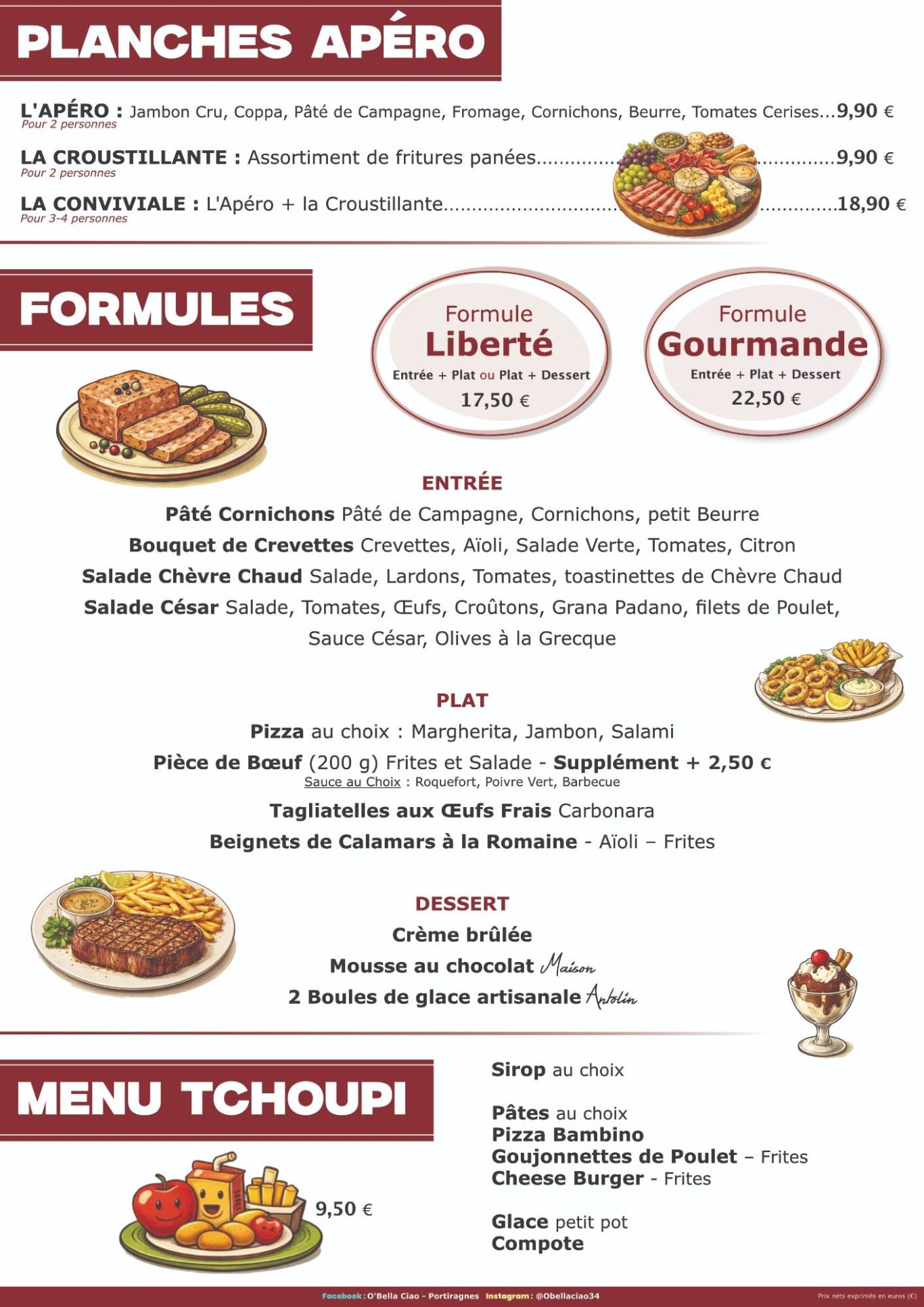 Nos Formules (Formule Liberté et Formule Gourmande). Planches à Partager (L'Apéro, La Croustillante et la Conviviale). Menu Enfant Tchoupi